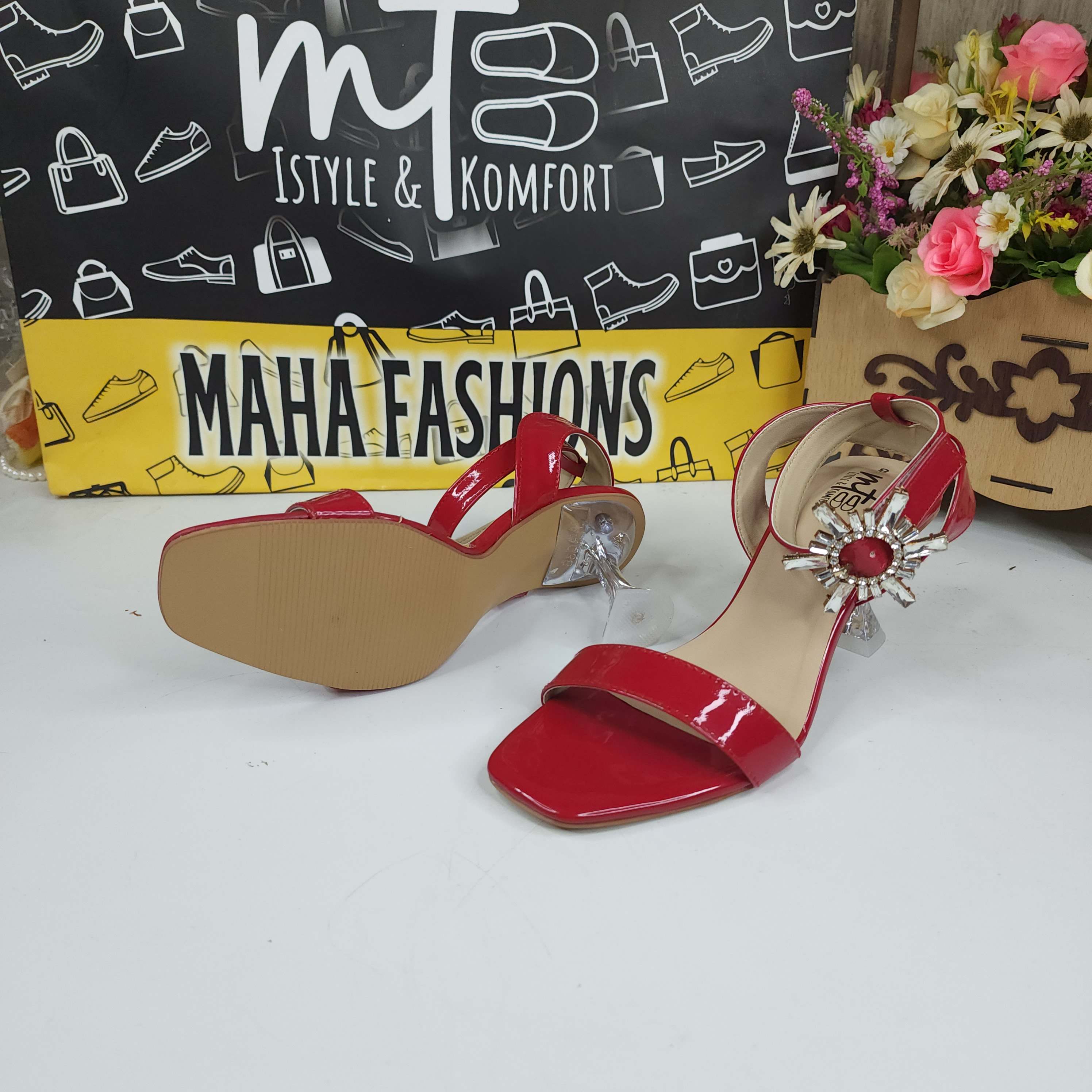 Red Sandals in Heels With Buckle - Maha fashions -  