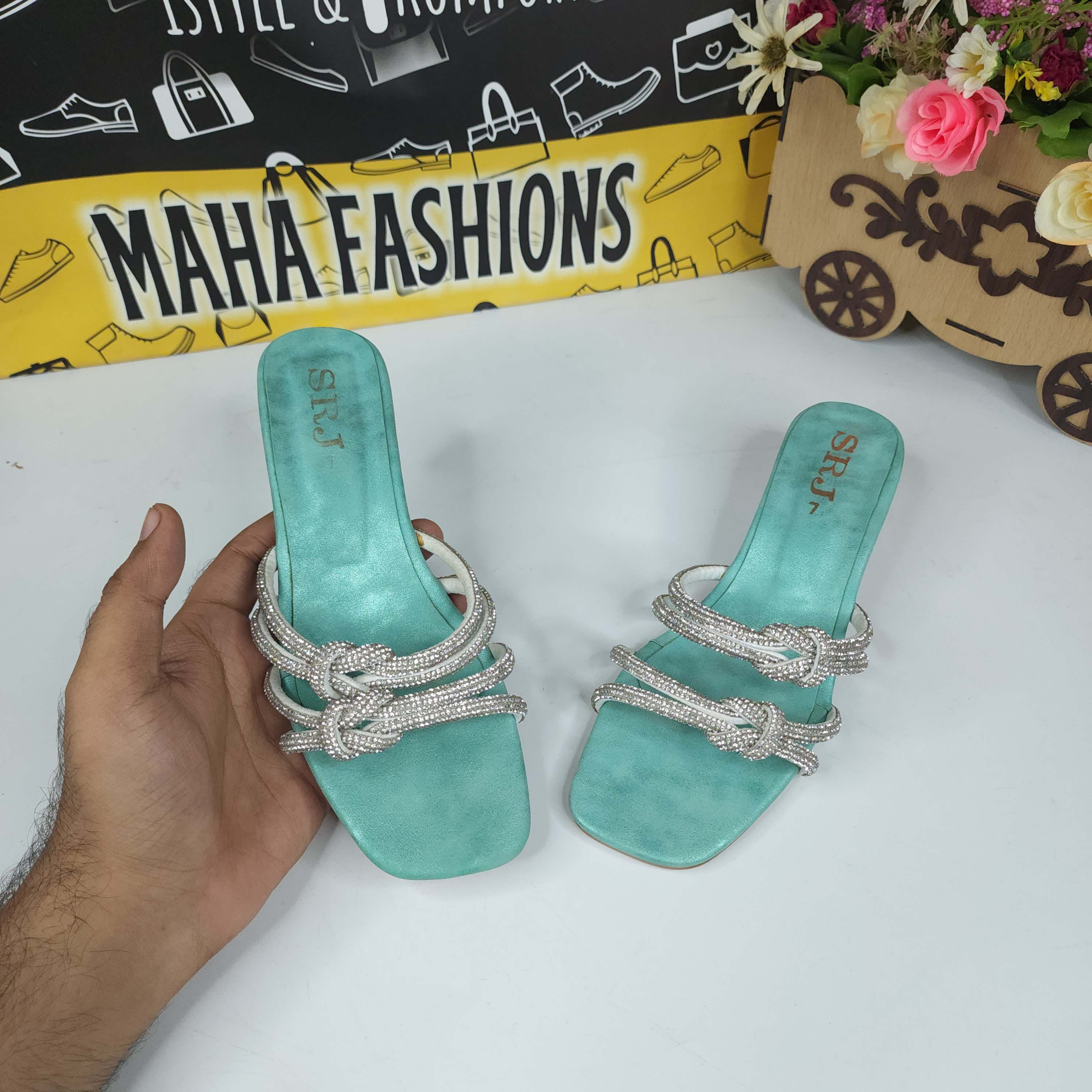SeaGreen Studs Slippers - Maha fashions -  Women Footwear