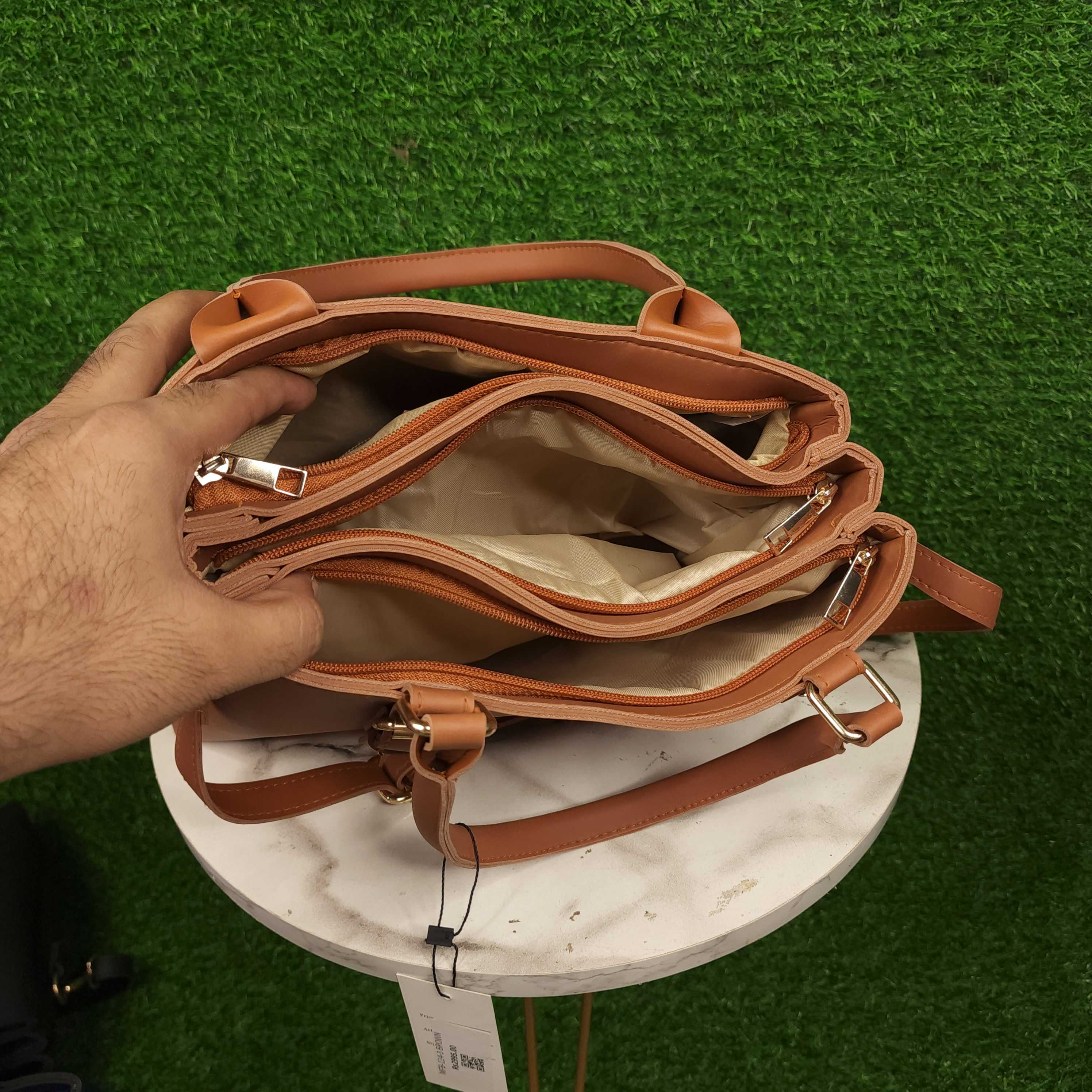 Camel Three Zip Handbags - Maha fashions -  Handbags & Wallets