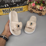 Beige Bow Buckle Slides - Maha fashions -  Women Footwear
