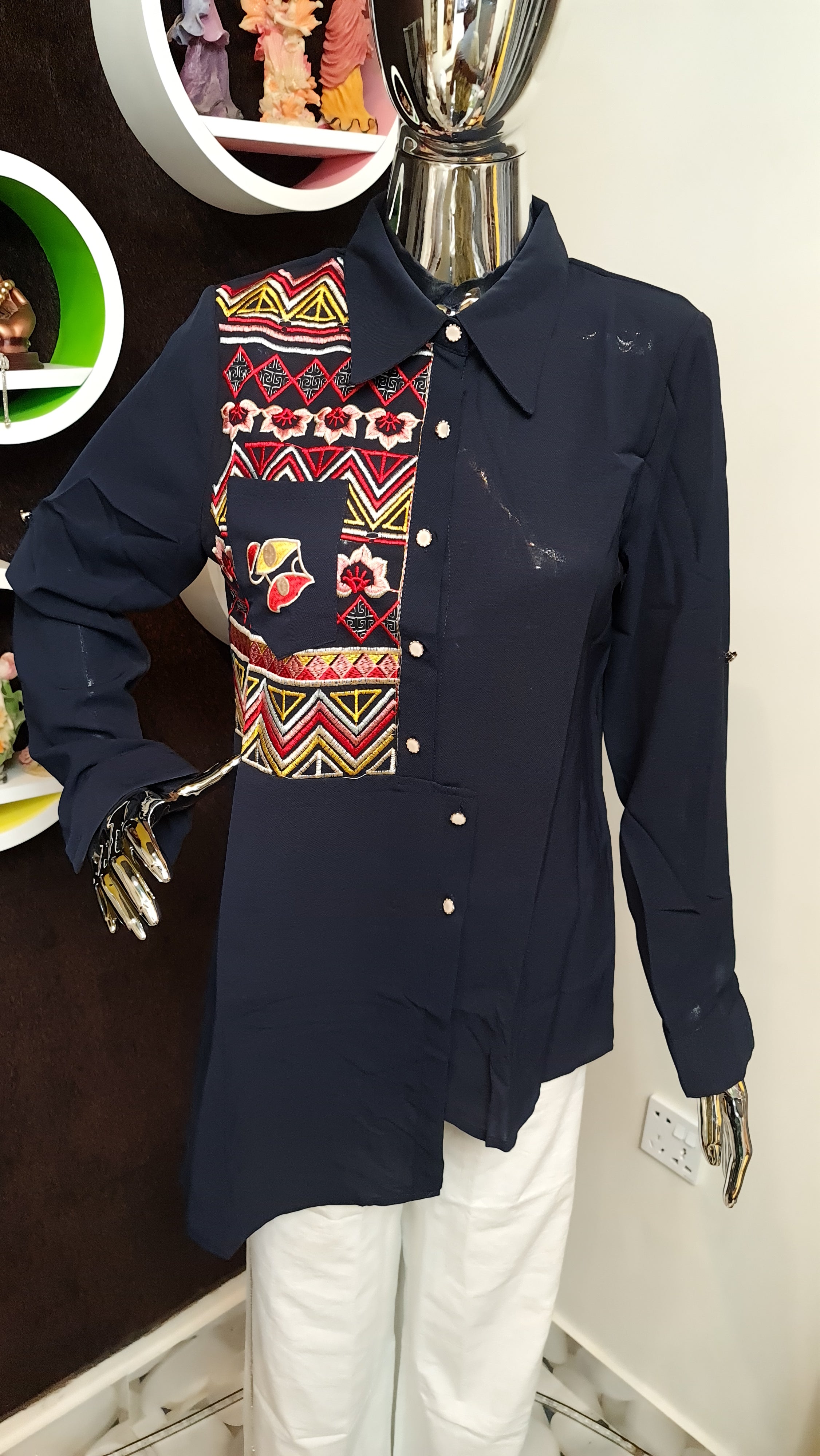 Navy Embroidery casual shirt - Maha fashions -  Shirts