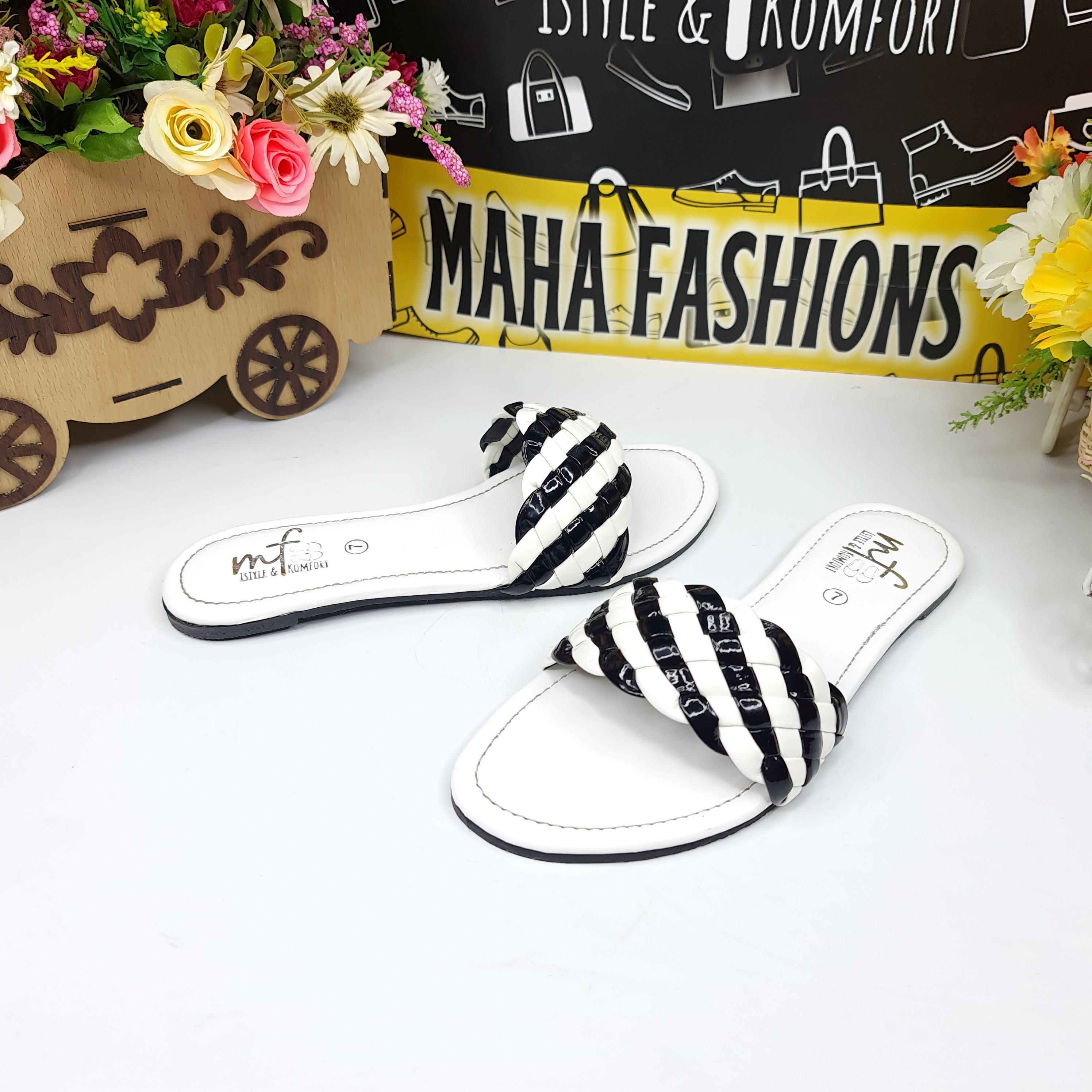 Black White Patten Flat Slippers - Maha fashions -  