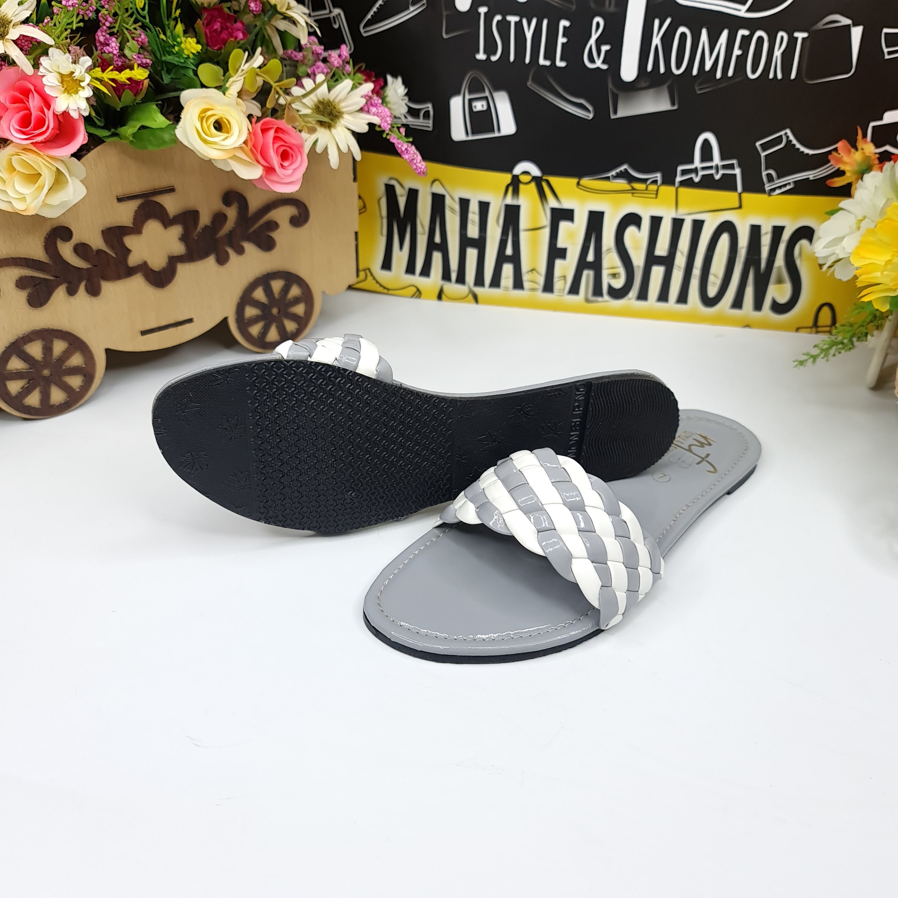 Grey White Patten Flat Slippers - Maha fashions -  