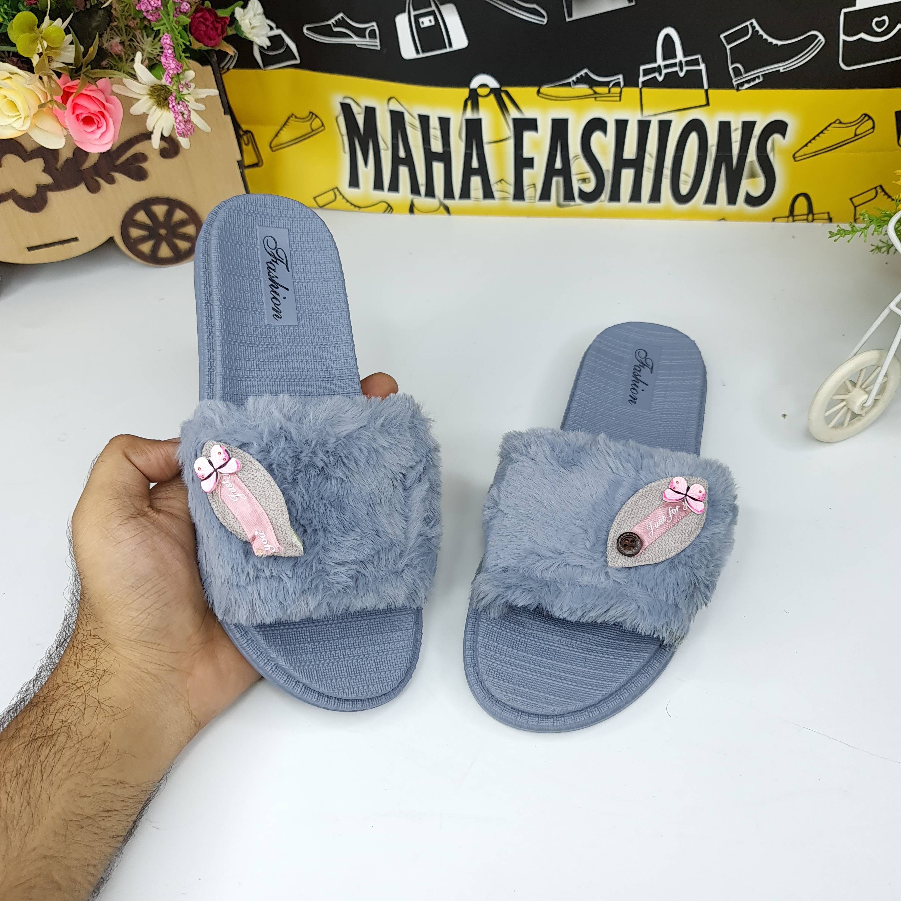 Grey Leaf Fur Slides - Maha fashions -  