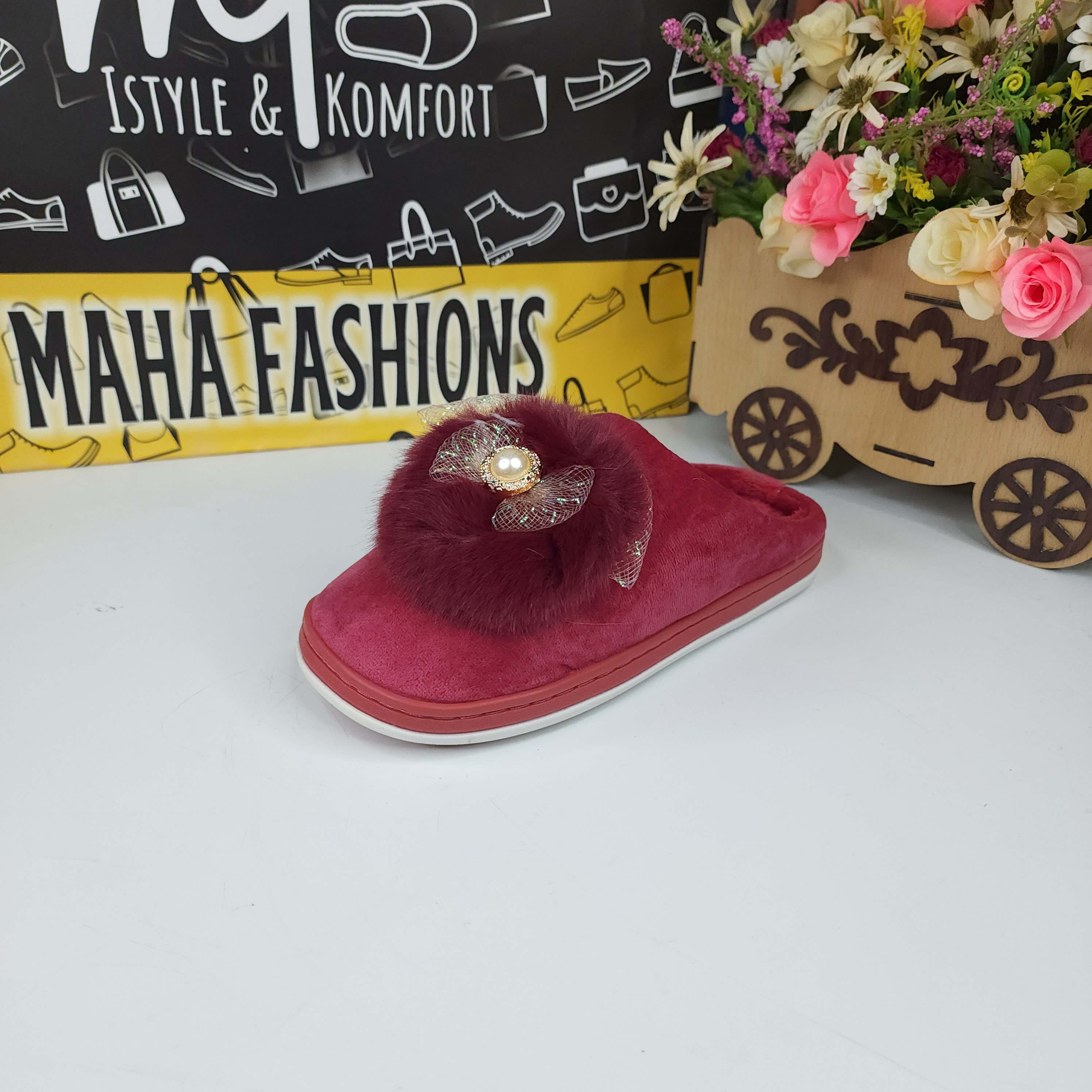 Maroon Fur Slippers - Maha fashions -  