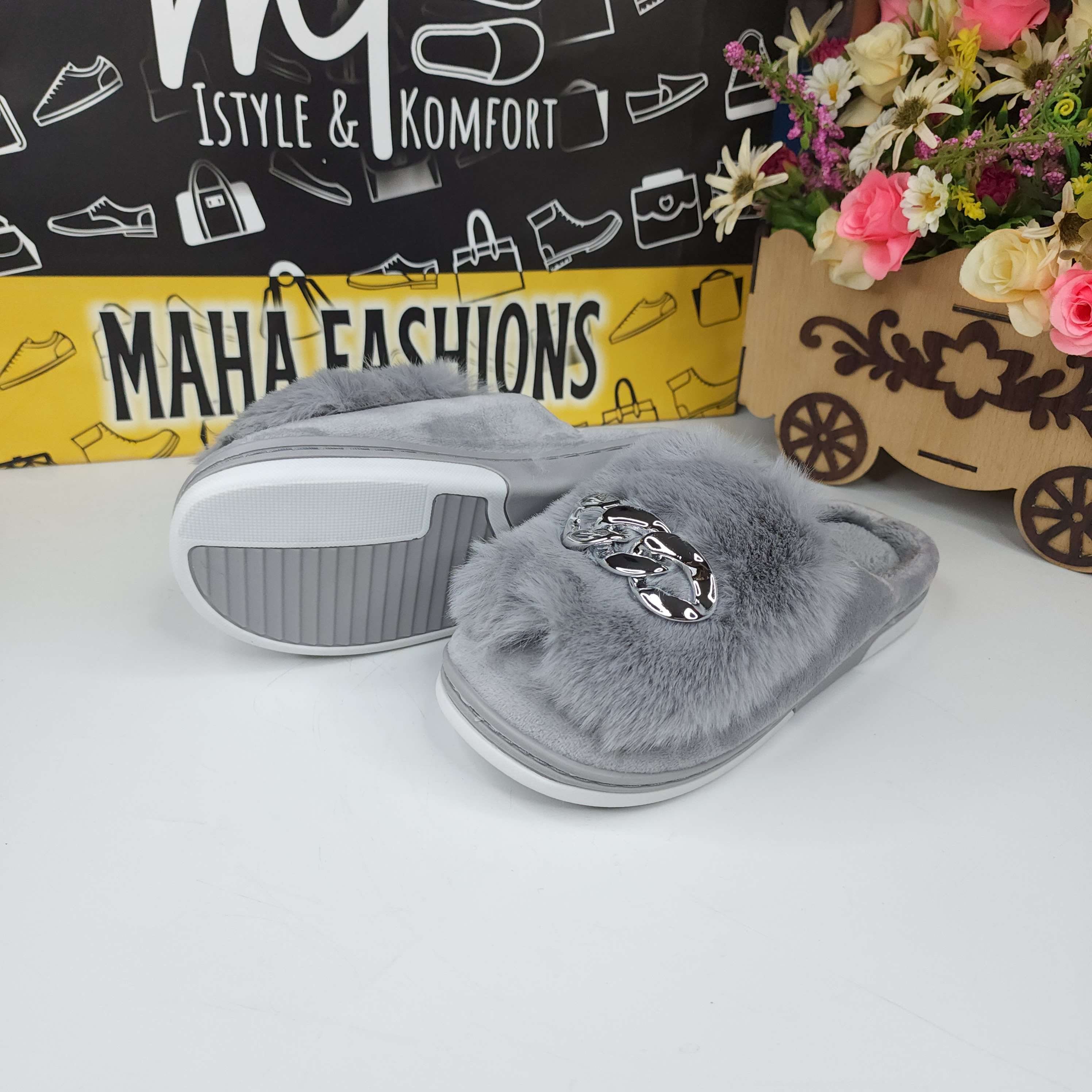 Grey Fur Mules - Maha fashions -  