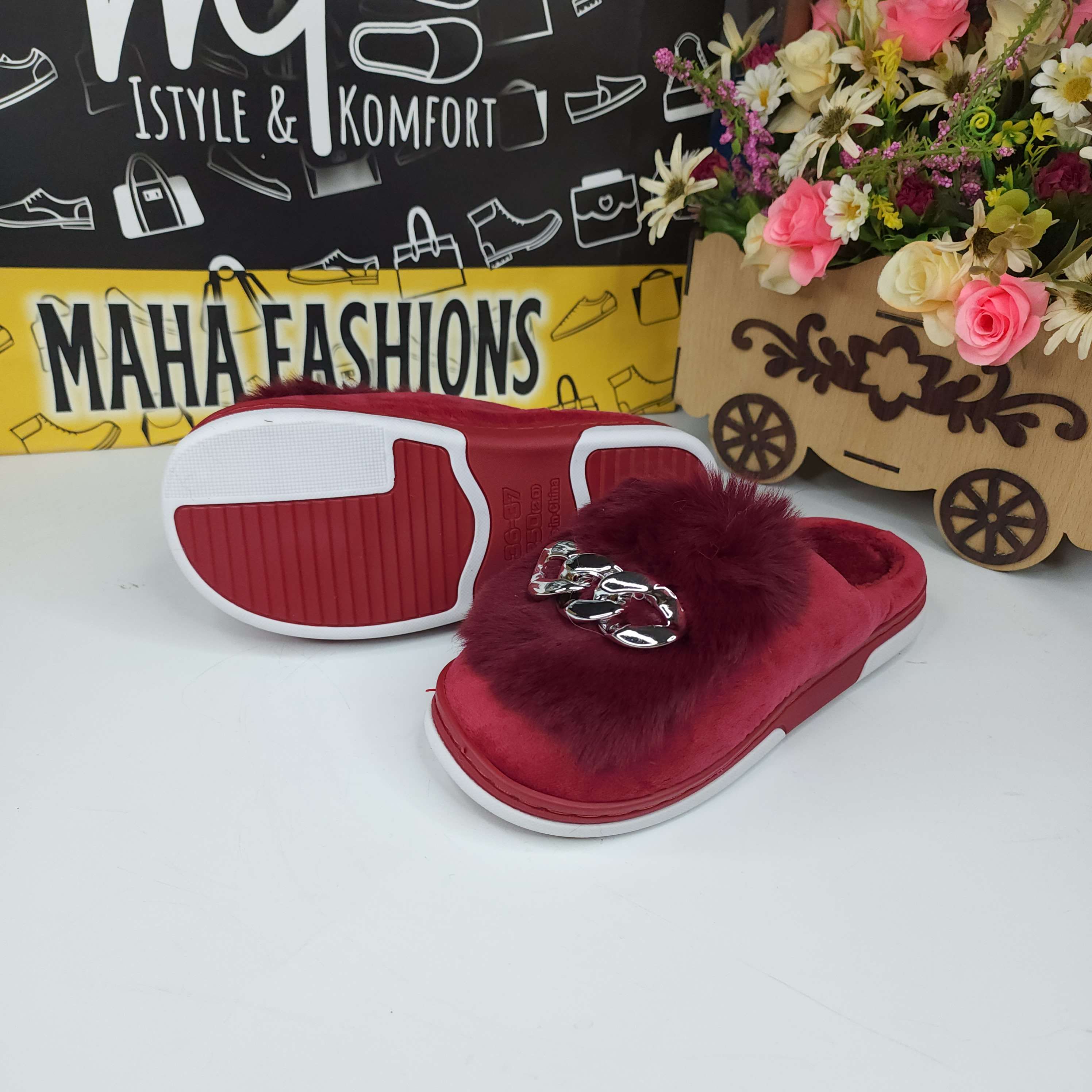 Maroon Fur Mules - Maha fashions -  